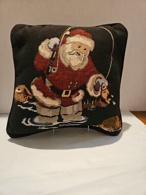 Festive Santa Fishing Tapestry Accent Pillow - Black and Red